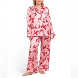 DALIA MACPHEE Pink Festive Bow Tie Print Satin Notched Long Sleeve PJ Set